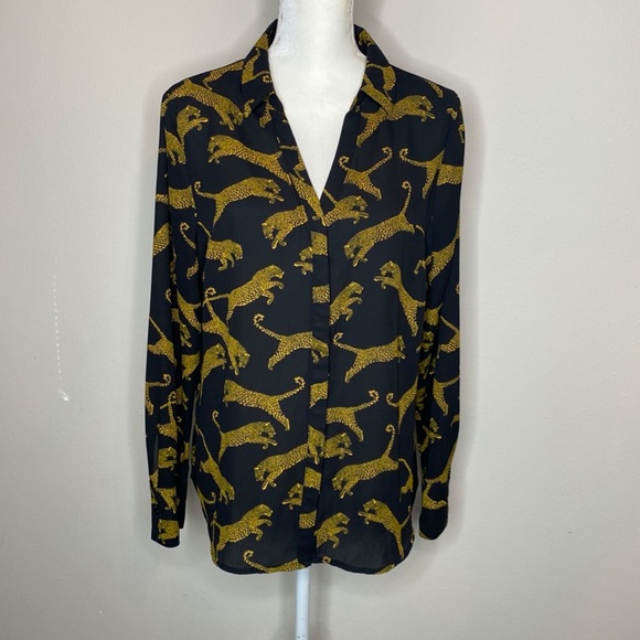Worthingotn Black/Amber Leopard Print V-Neck Button Up Long Sleeve Blouse Size L - Picture 3 of 13